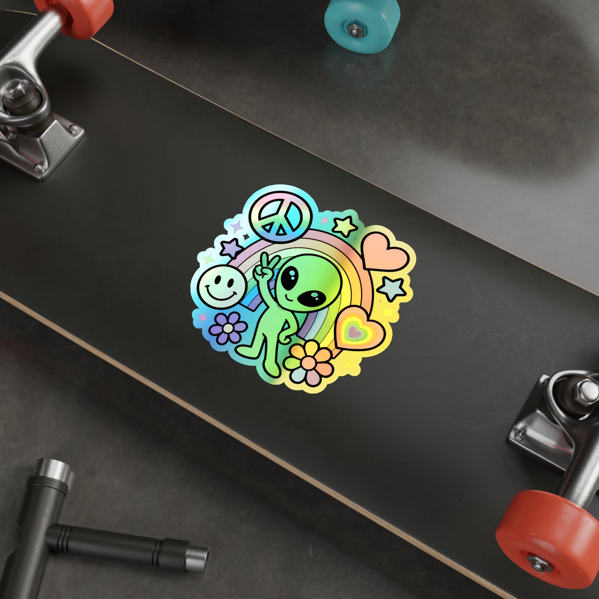 Holographic Alien Peace Sticker — Rainbow Die-Cut Vinyl #02