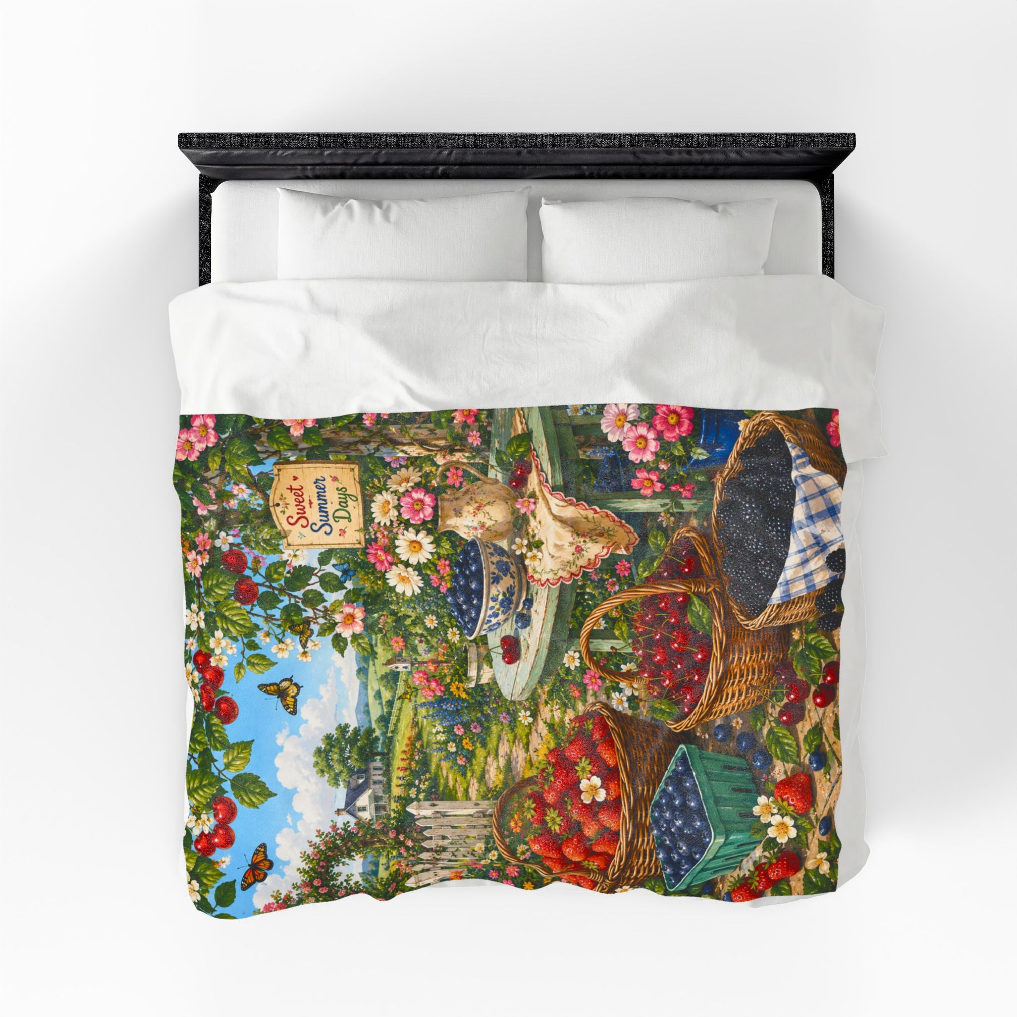 Velveteen Blanket — "Sweet Summer Days" Cottage Garden Berry Print Plush Throw
