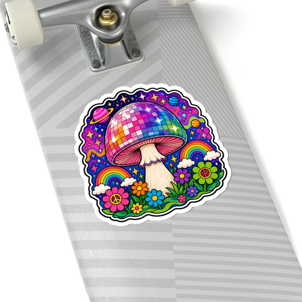 Psychedelic Disco Mushroom Sticker — Rainbow Retro Floral Kiss-Cut Vinyl