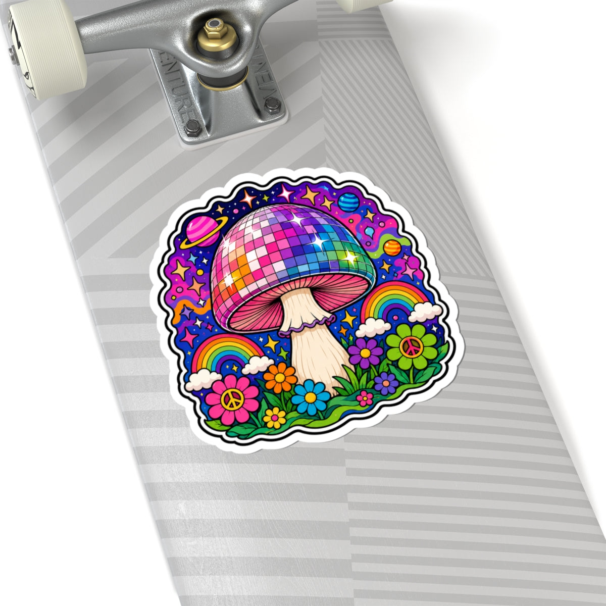 Psychedelic Disco Mushroom Sticker — Rainbow Retro Floral Kiss-Cut Vinyl