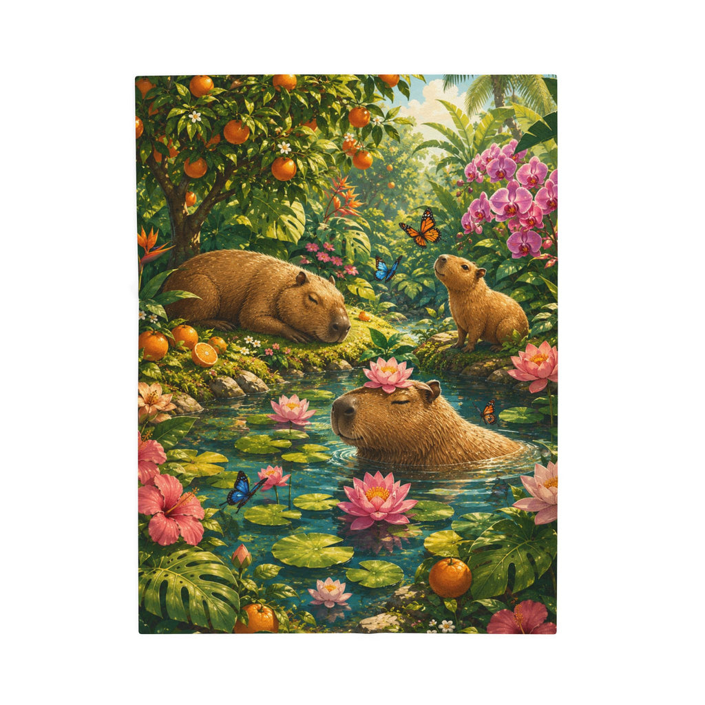 Capybara Garden Velveteen Plush Blanket — Tropical Floral Cozy Throw