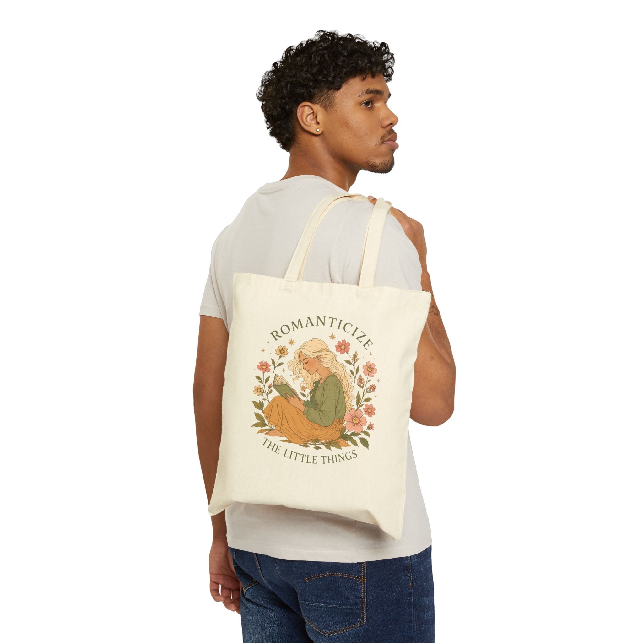 Tote Bag — "Romanticize the Little Things" Floral Book Lover Canvas Tote