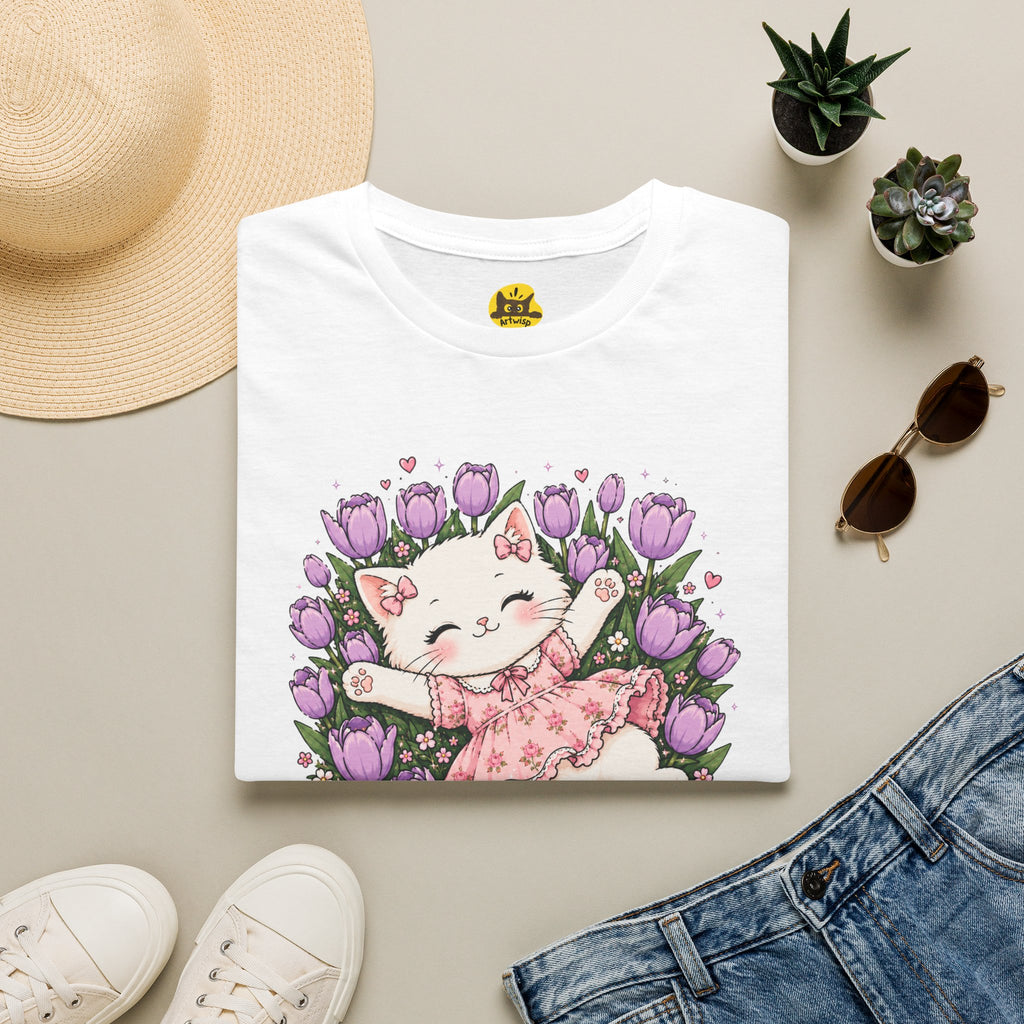 Cute Floral Cat T-Shirt — Happy Kitten in Tulips Graphic Tee