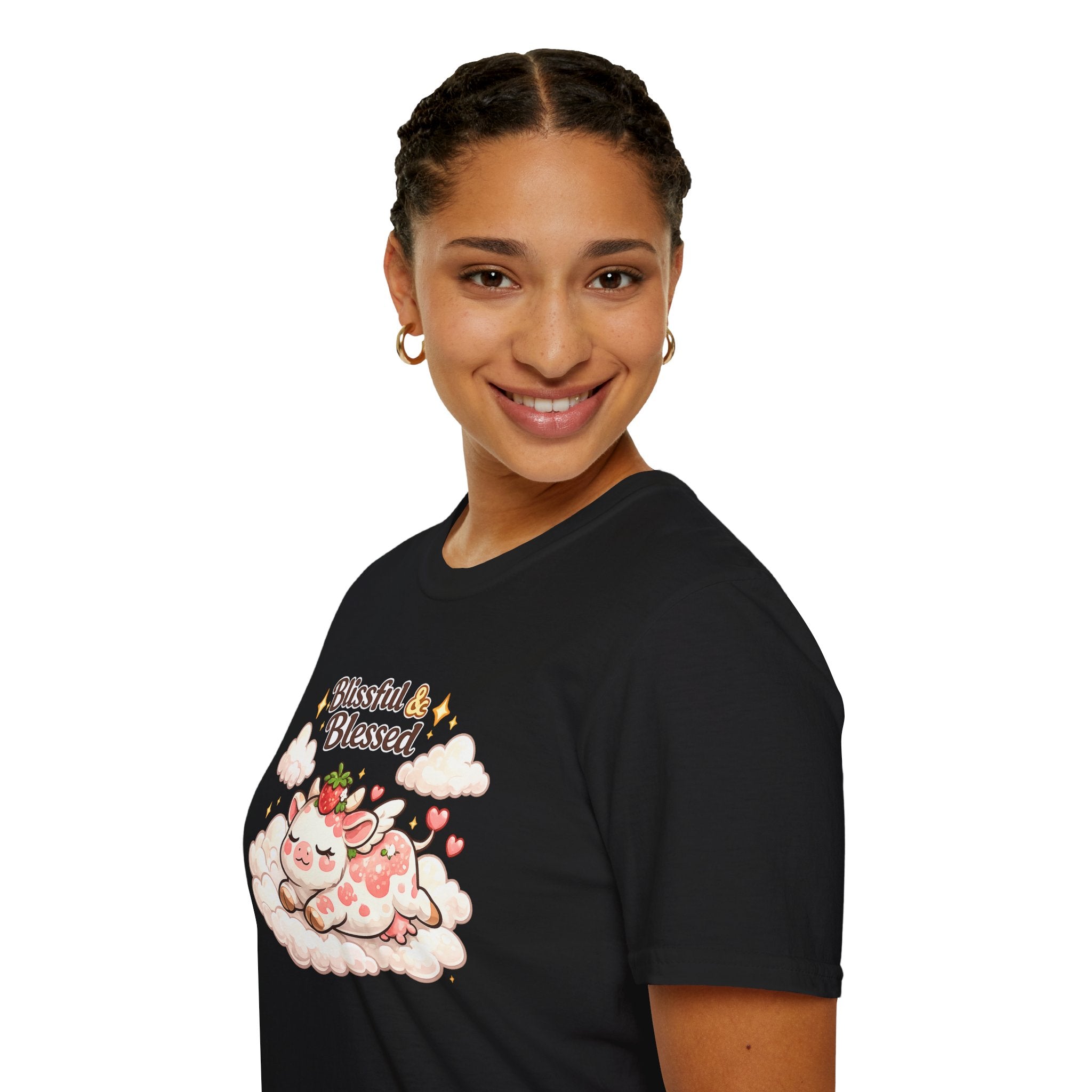 Blissful & Blessed Cute Strawberry Cow T-Shirt — Cozy Gift Tee