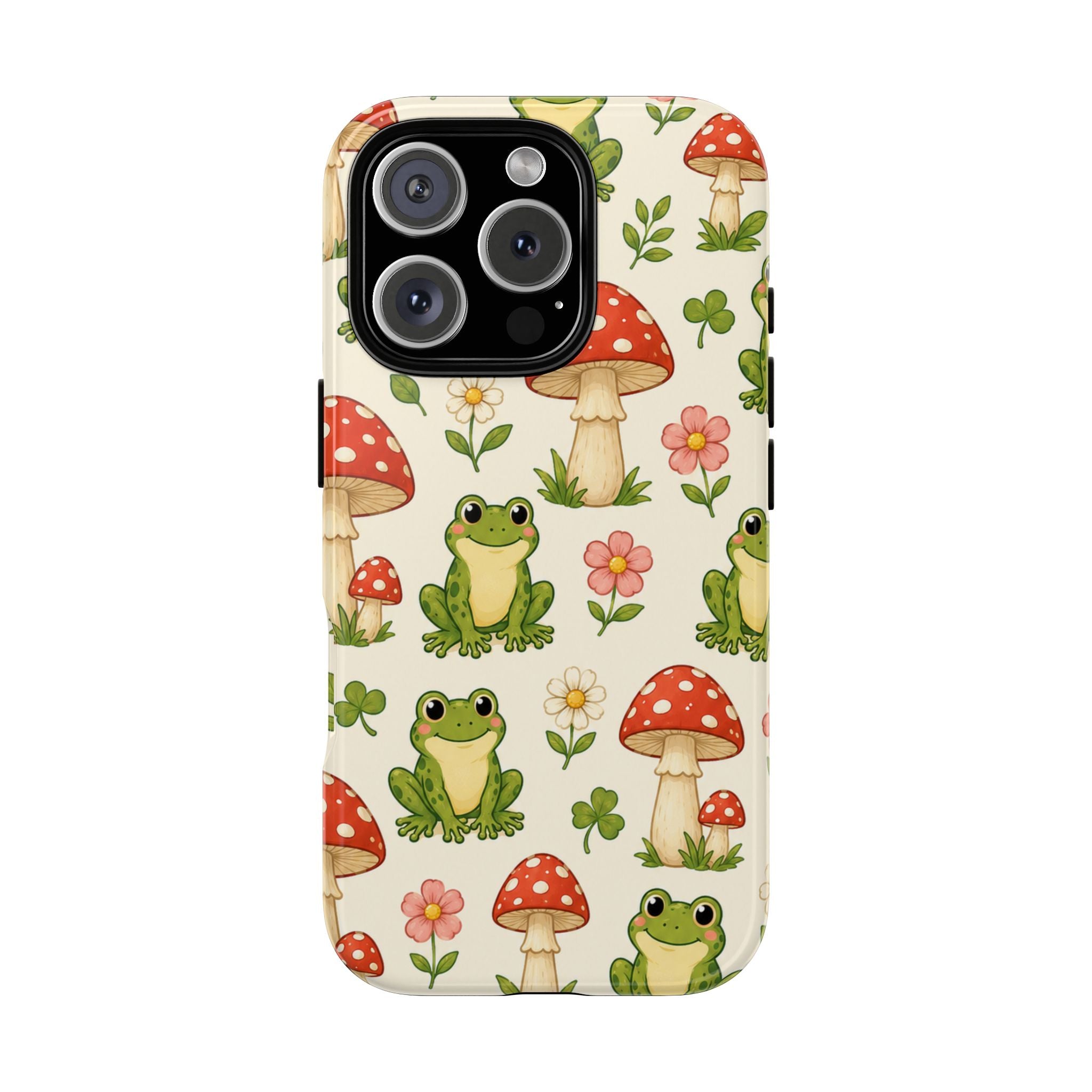 Kawaii Frog & Red Capped Mushroom Phone Case – Cute Nature Pattern Protective Cover