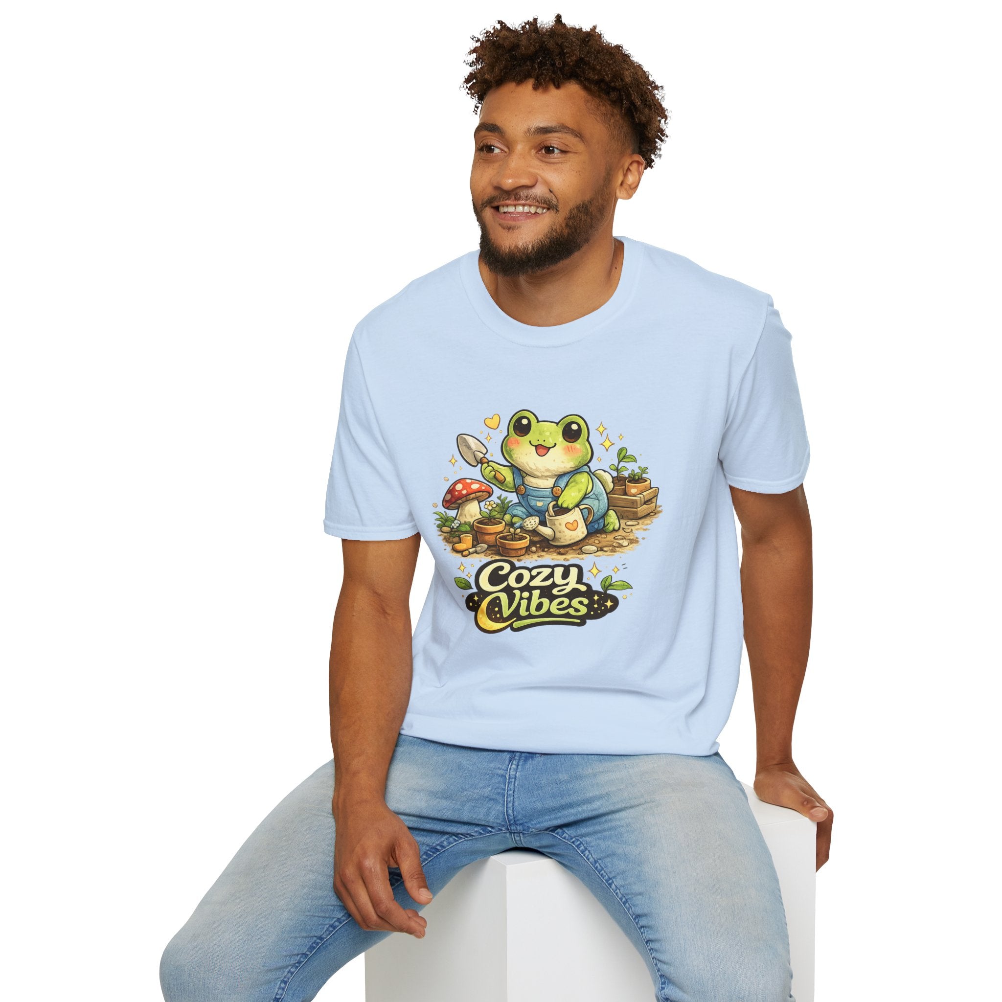 Cozy Garden Frog T-Shirt — Cute "Cozy Vibes" Gardening Tee