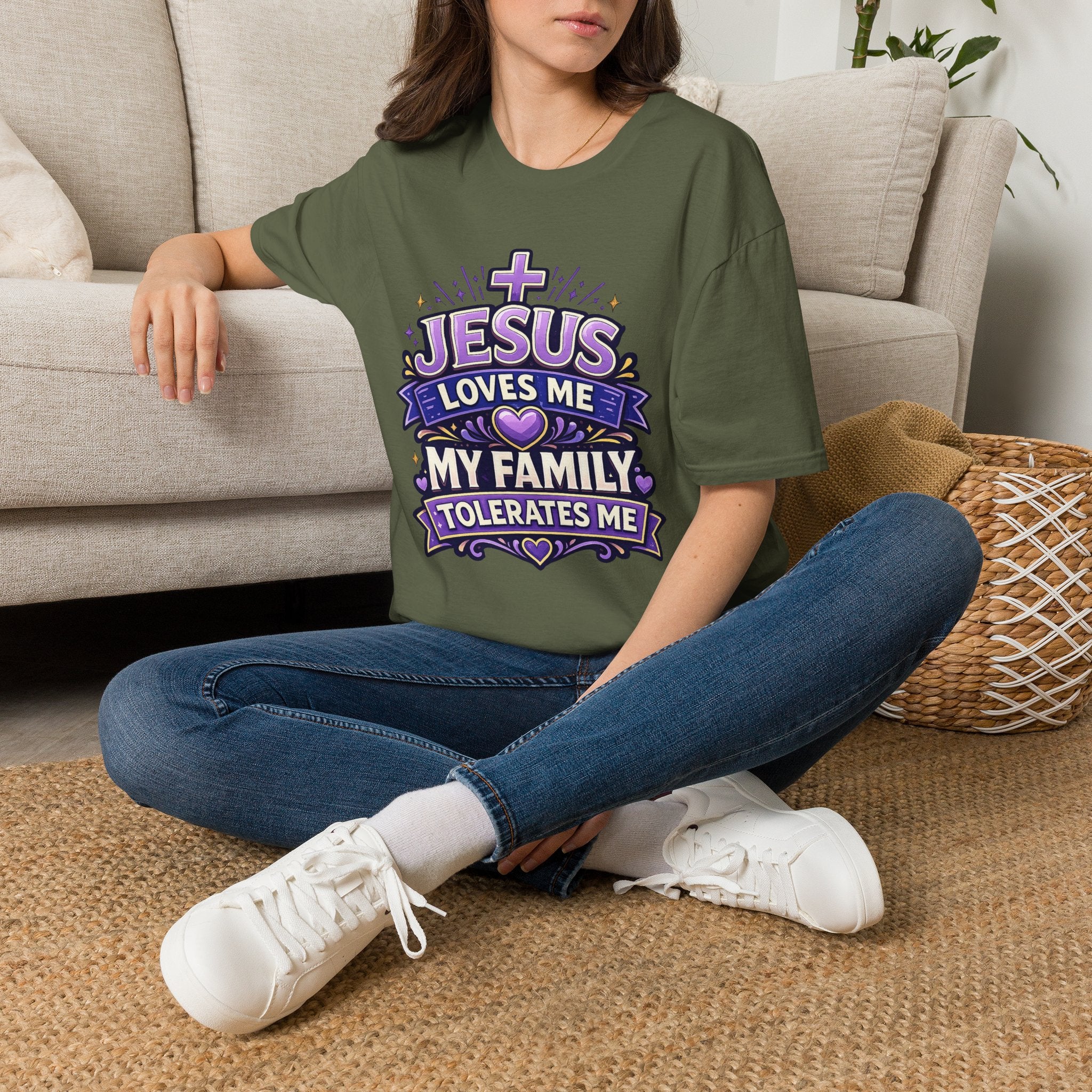 Christian T-Shirt — "Jesus Loves Me, My Family Tolerates Me" Graphic Tee