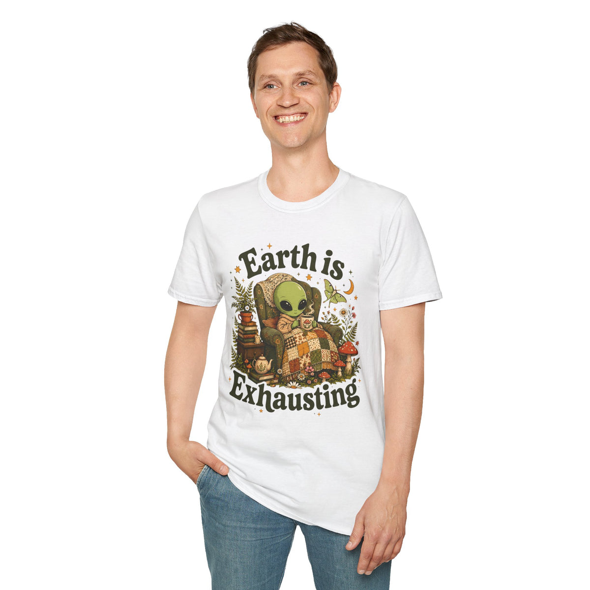 Earth Is Exhausting Alien T-Shirt — Cute Retro Cozy Space Graphic Tee