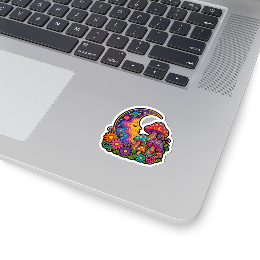 Psychedelic Moon & Mushroom Kiss-Cut Sticker — Retro Floral Peace Vibes