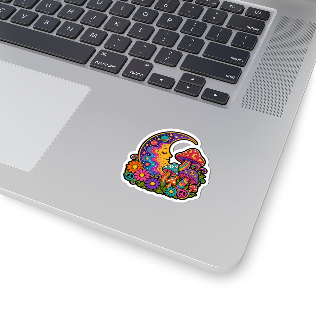 Psychedelic Moon & Mushroom Kiss-Cut Sticker — Retro Floral Peace Vibes
