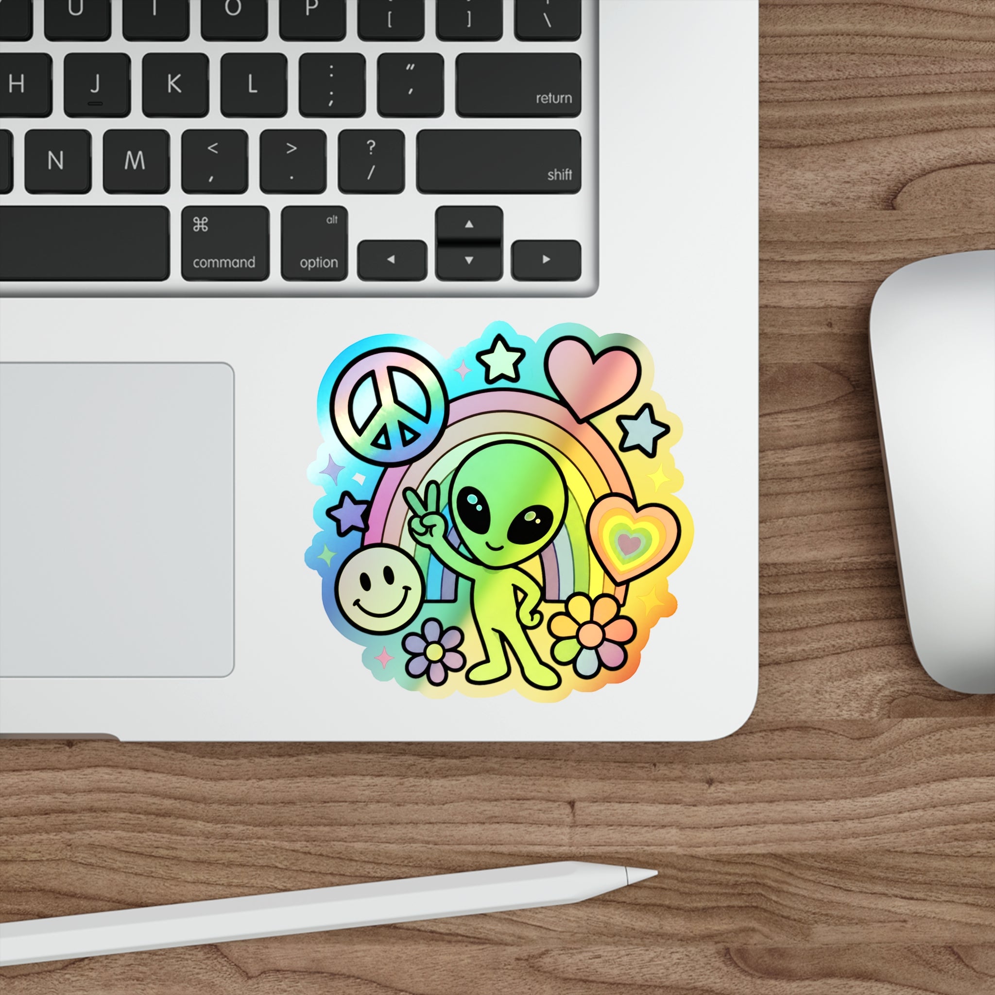Holographic Alien Peace Sticker — Rainbow Die-Cut Vinyl #02
