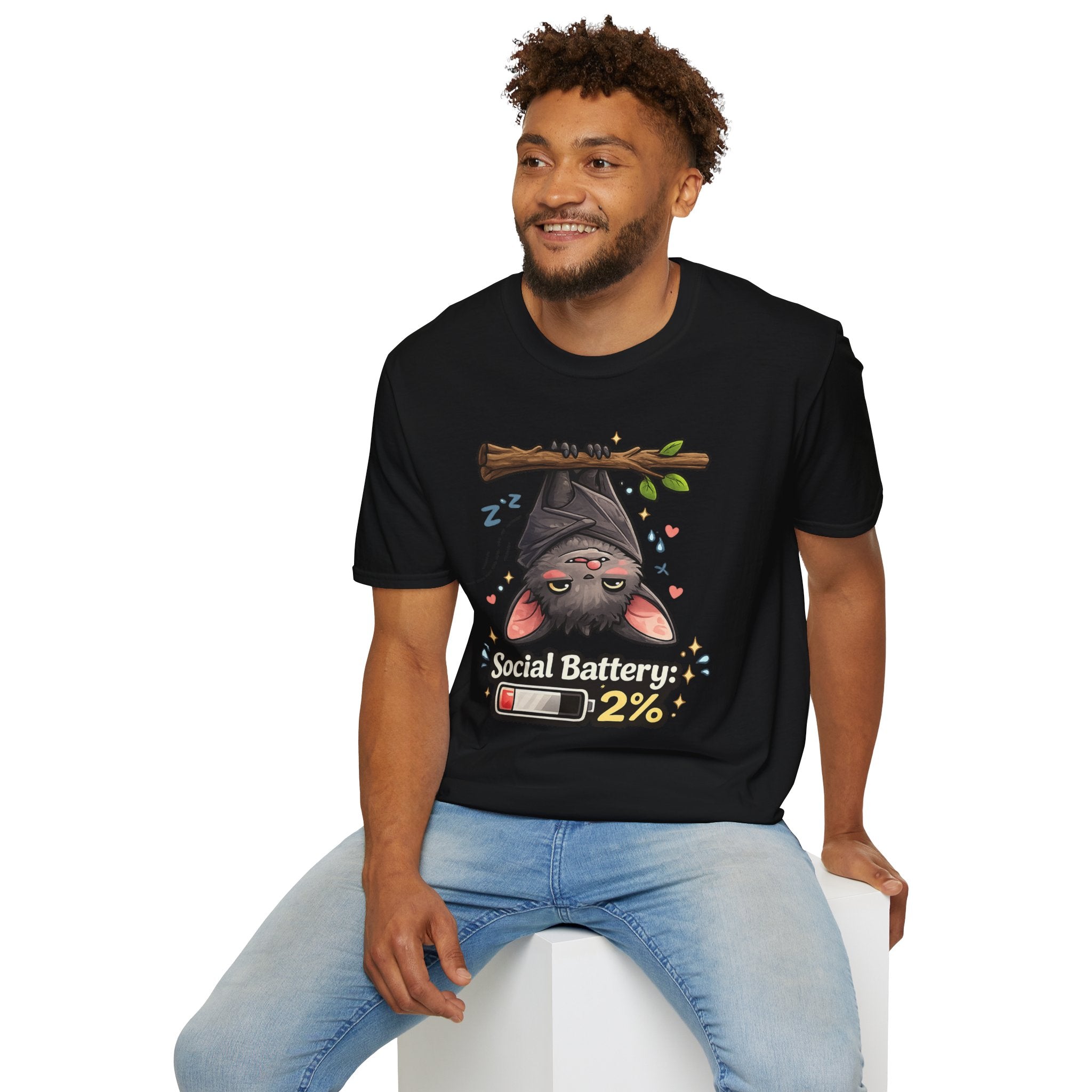 "Social Battery 2%" Cute Sleeping Bat Graphic Tee