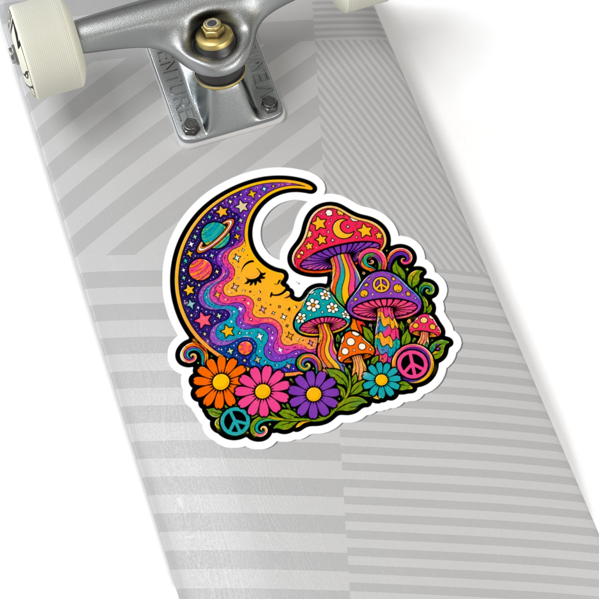 Psychedelic Moon & Mushroom Kiss-Cut Sticker — Retro Floral Peace Vibes