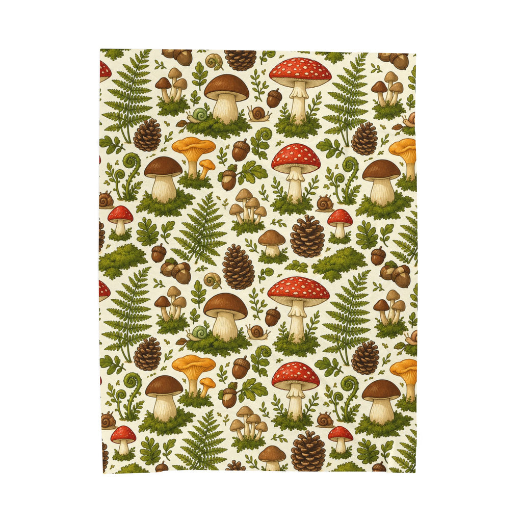 Mushroom Forest Velveteen Plush Blanket – Cozy Woodland Throw with Ferns & Pines