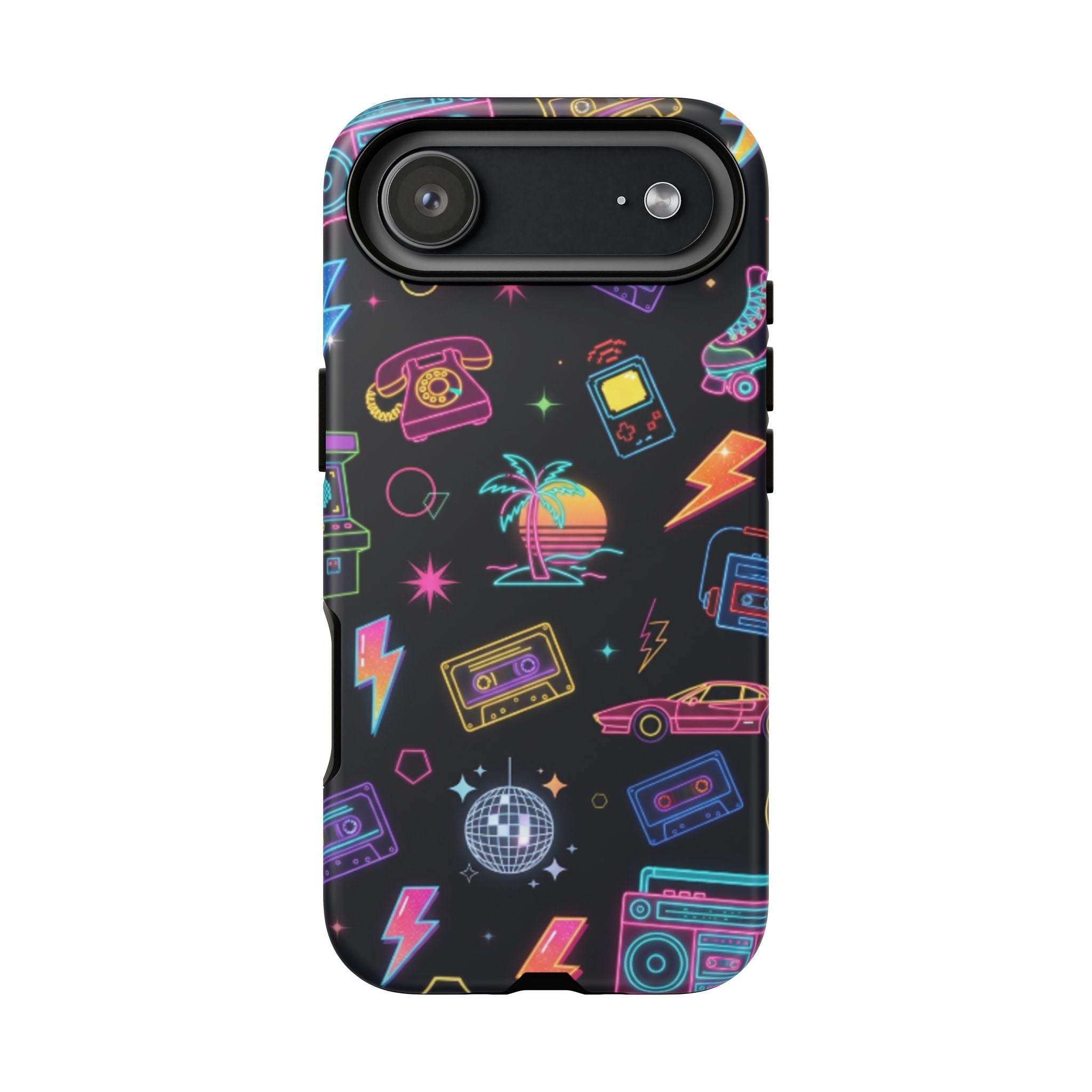 Retro Neon 80s Phone Case — Cassette, Roller Skate & Palm Tree Pattern