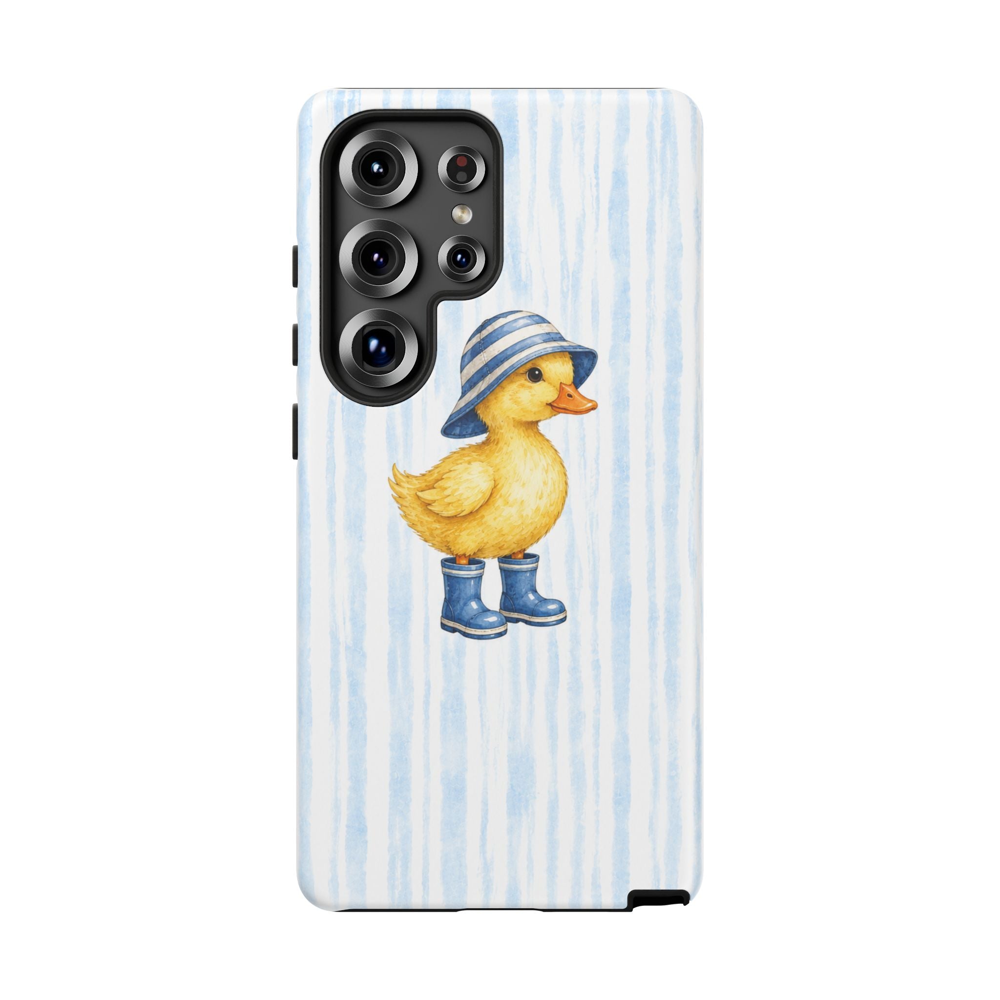 Cute Duckling Phone Case – Baby Blue Stripes with Duck in Hat & Boots