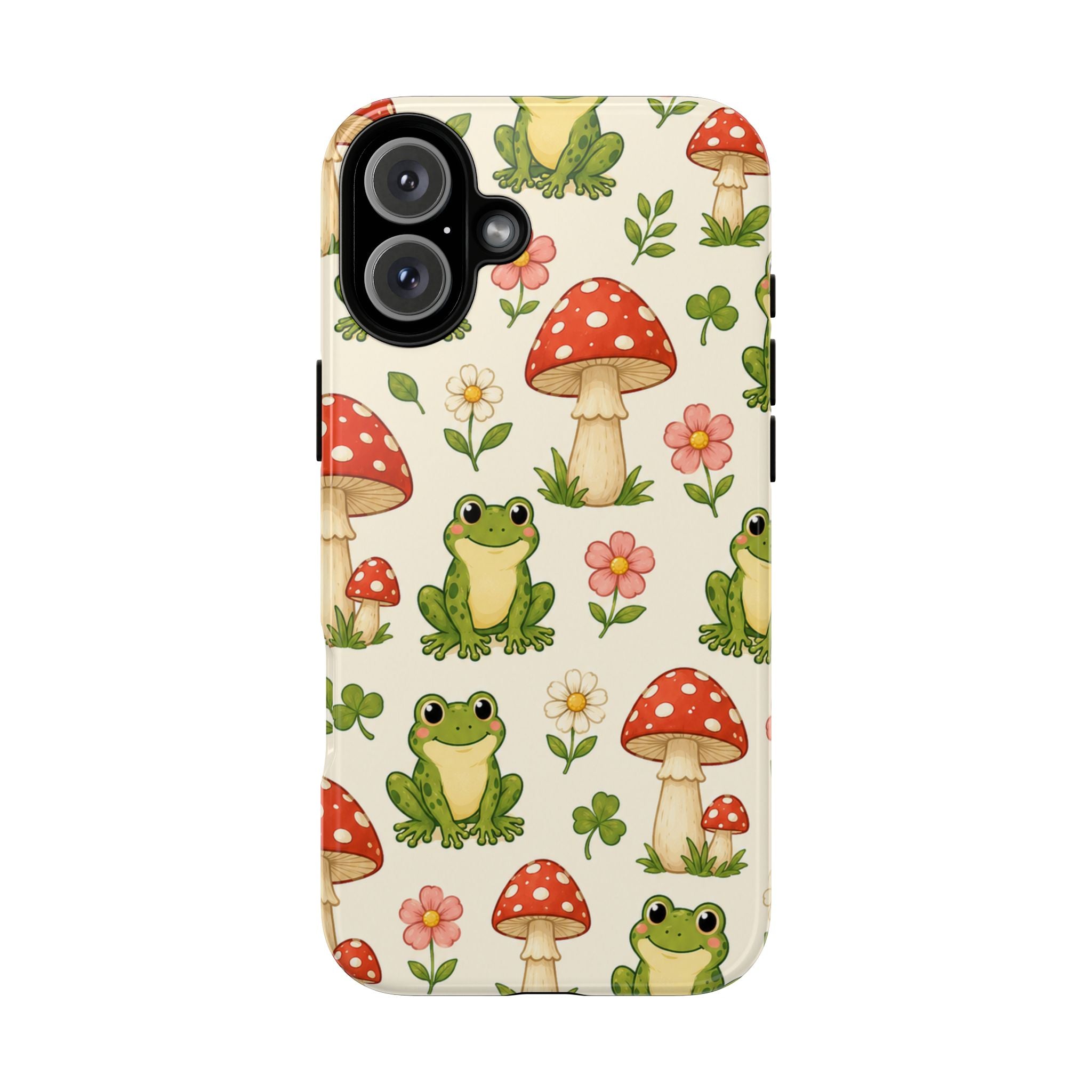 Kawaii Frog & Red Capped Mushroom Phone Case – Cute Nature Pattern Protective Cover