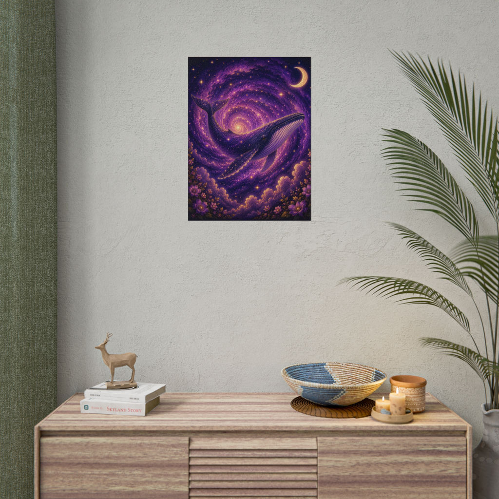 Whale Galaxy Poster — Purple Crescent Moon Cosmic Art Print
