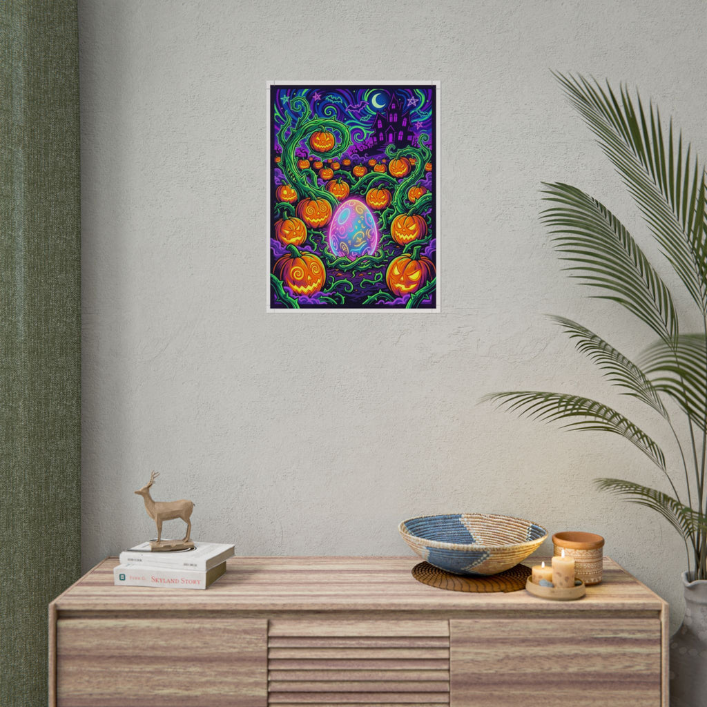 Halloween Pumpkin Patch Poster – Neon Pop Art Jack-o'-Lanterns & Haunted Castle Art Print
