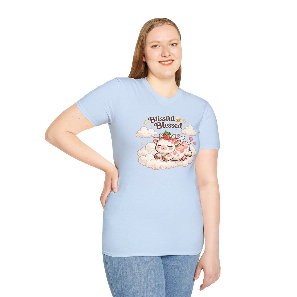 Blissful & Blessed Cute Strawberry Cow T-Shirt — Cozy Gift Tee