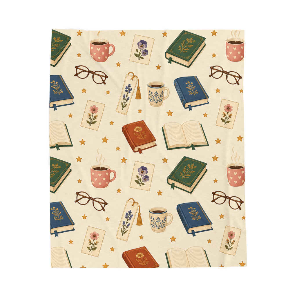 Reading Nook Velveteen Plush Blanket — Cozy Book & Tea Pattern Throw