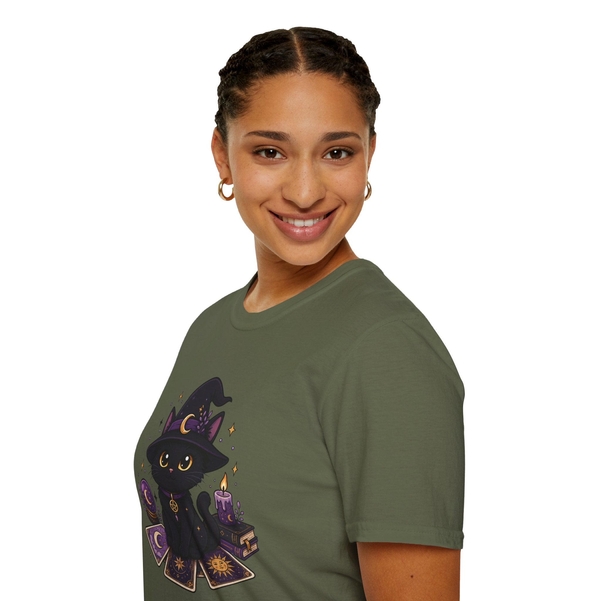 Tarot Cat T-Shirt — Cute Black Cat with Witch Hat & Tarot Candles