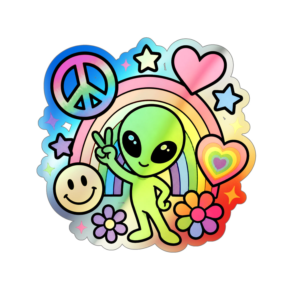 Holographic Alien Peace Sticker — Rainbow Die-Cut Vinyl #02