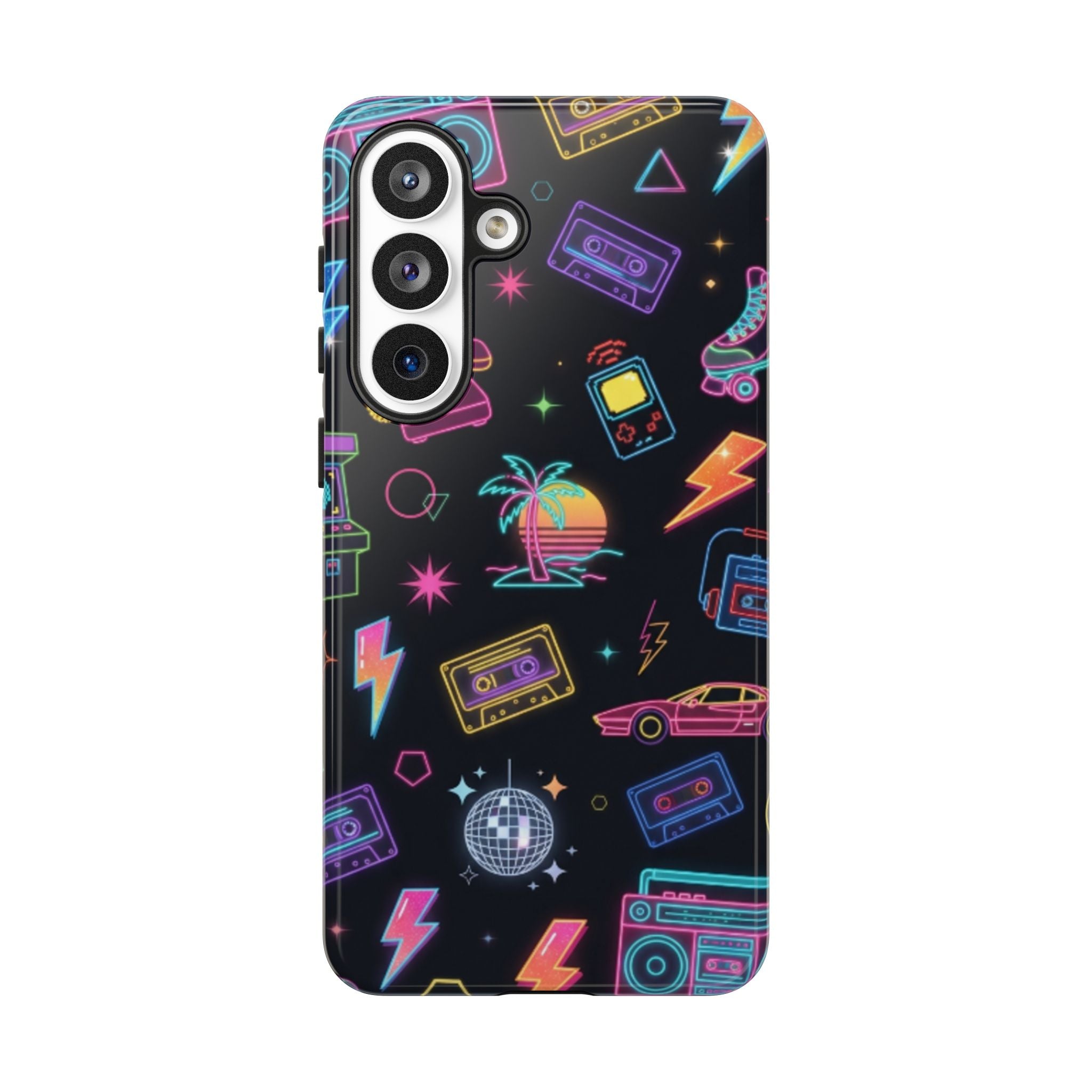 Retro Neon 80s Phone Case — Cassette, Roller Skate & Palm Tree Pattern