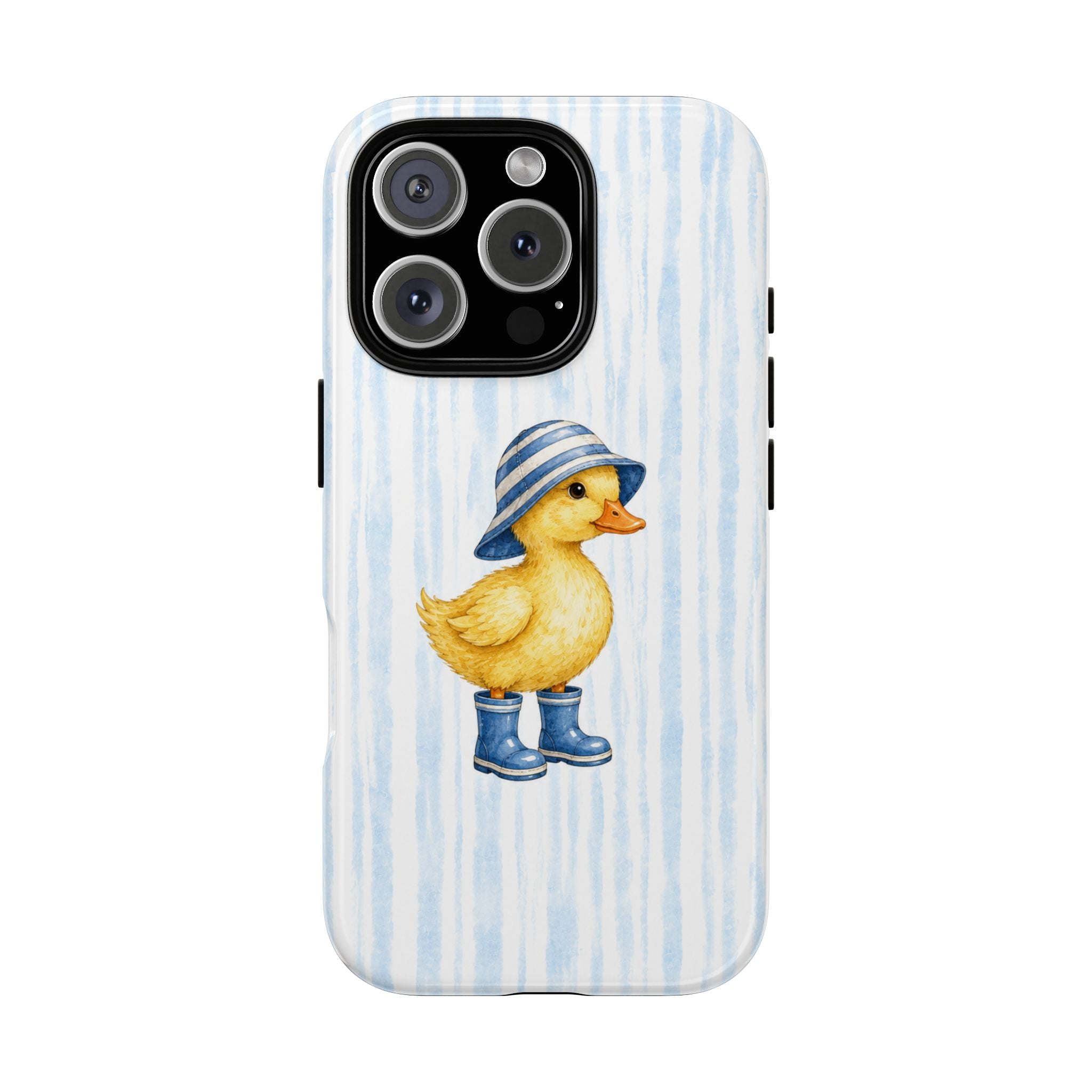 Cute Duckling Phone Case – Baby Blue Stripes with Duck in Hat & Boots