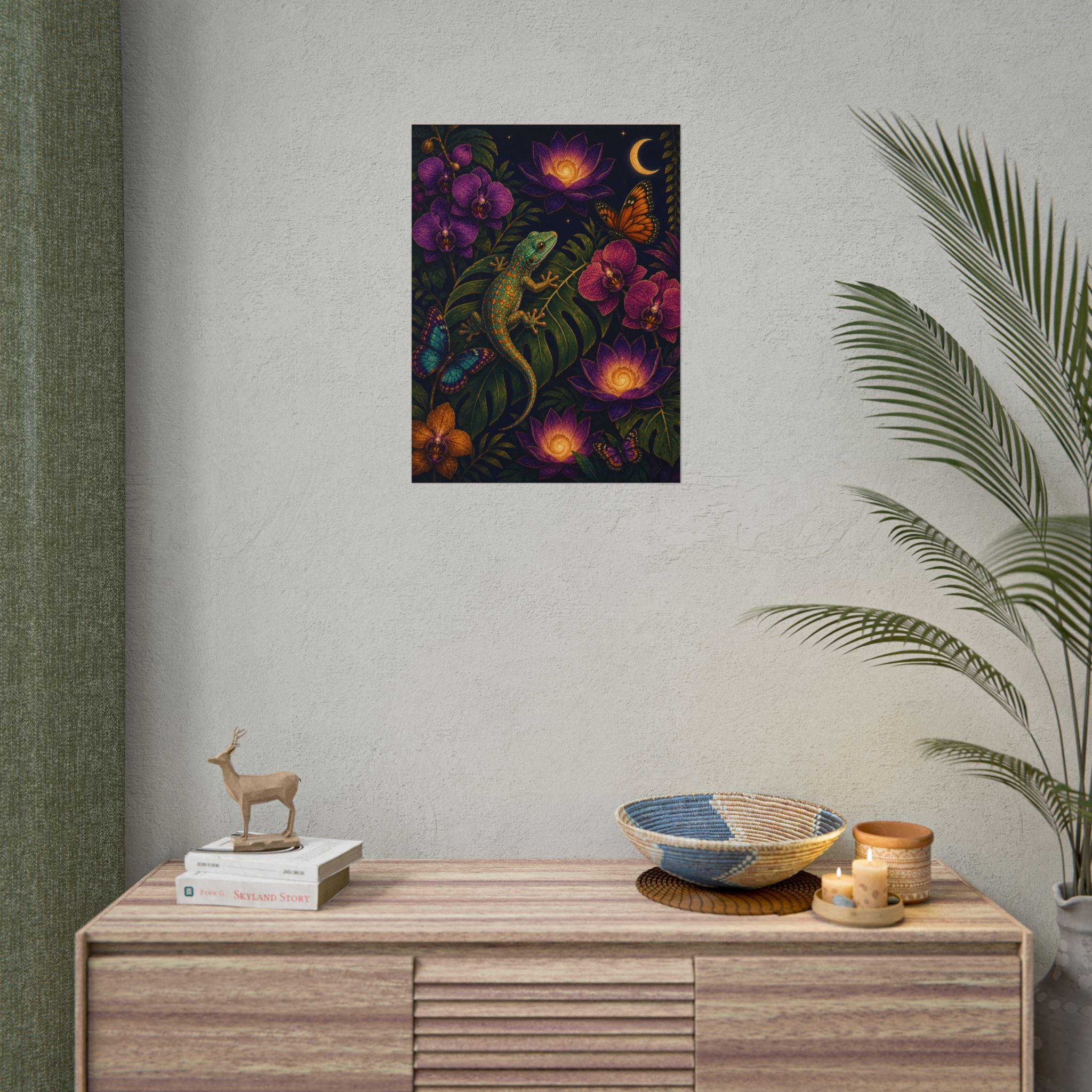 Starry Night Gecko Poster — Botanical Lizard Art Print with Moonlit Orchids & Butterflies
