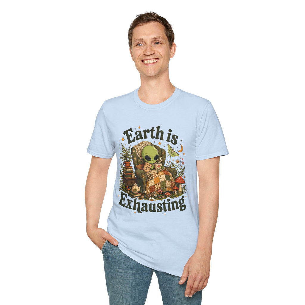 Earth Is Exhausting Alien T-Shirt — Cute Retro Cozy Space Graphic Tee
