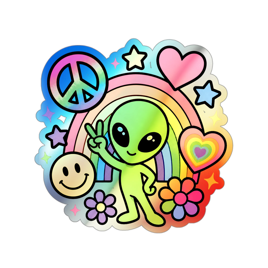 Holographic Alien Peace Sticker — Rainbow Die-Cut Vinyl #02