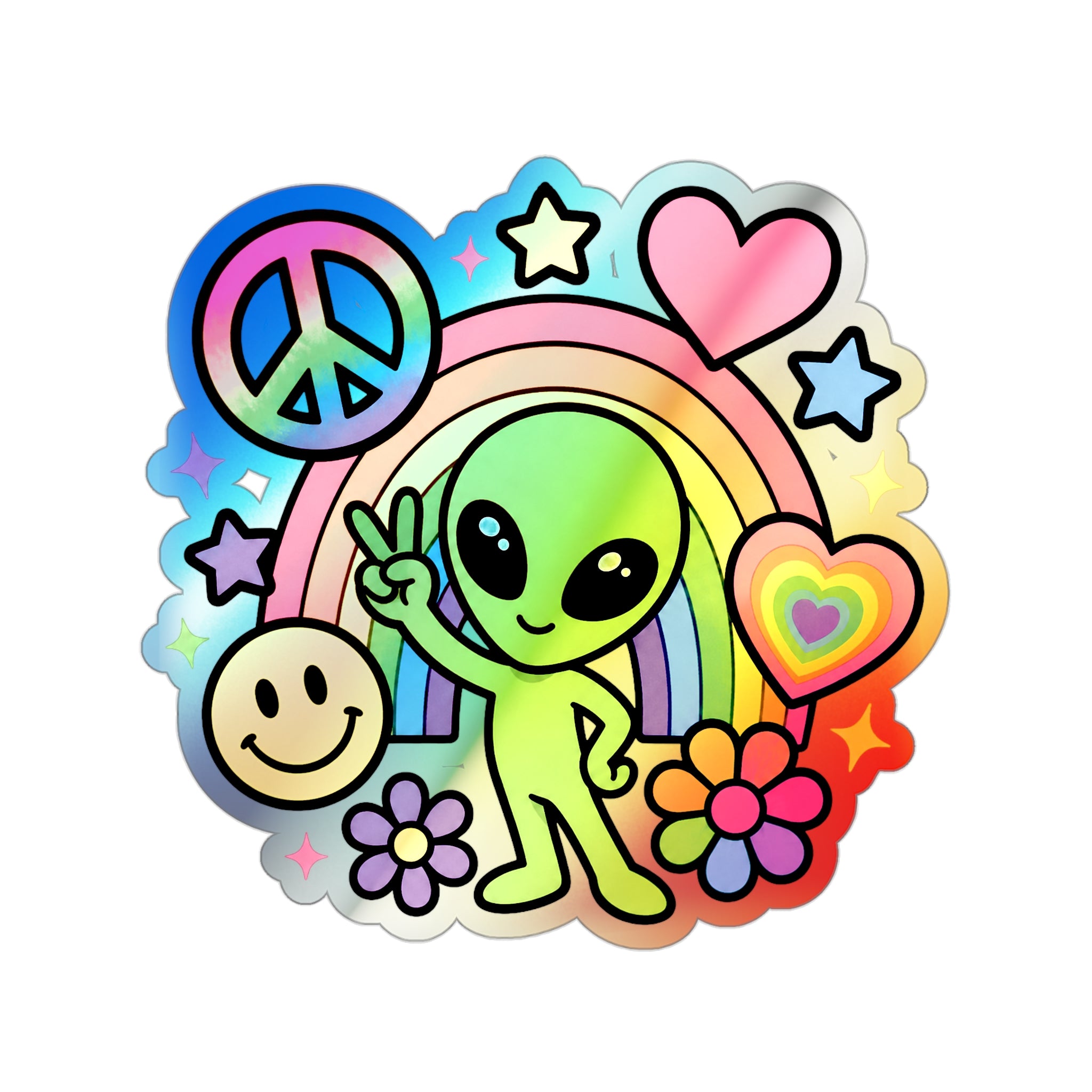 Holographic Alien Peace Sticker — Rainbow Die-Cut Vinyl #02