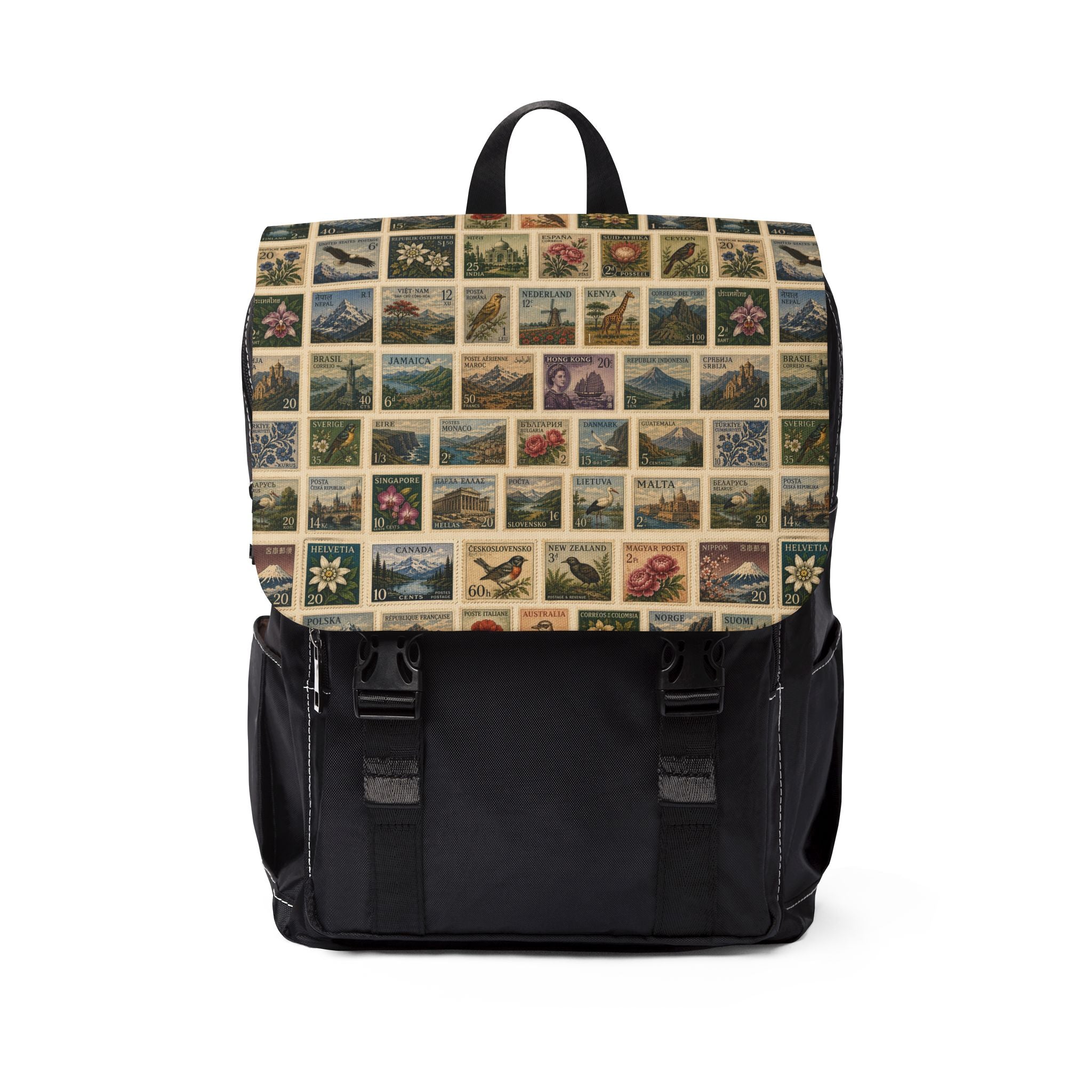Vintage Postage Stamp Backpack - Casual Shoulder Bag with Retro Travel Collage
