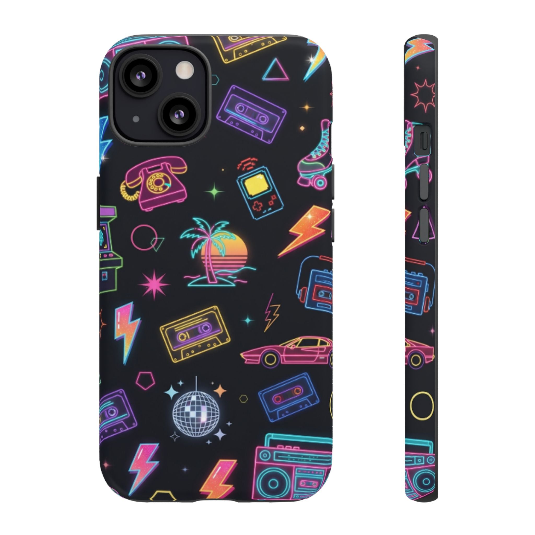 Retro Neon 80s Phone Case — Cassette, Roller Skate & Palm Tree Pattern