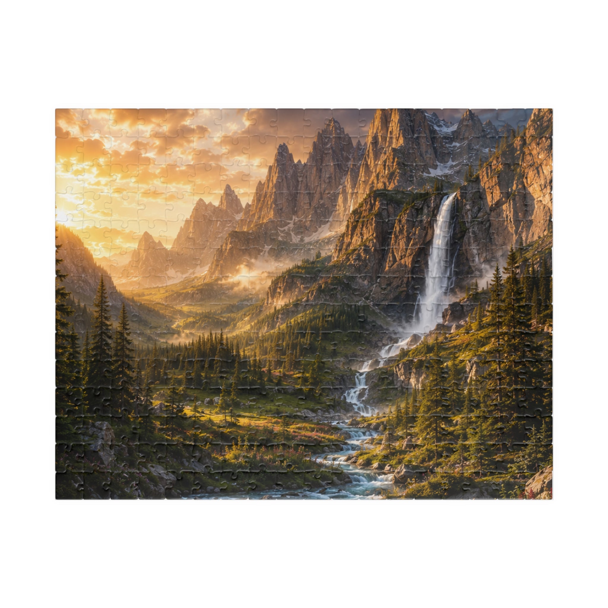 Mountain Valley Waterfall Jigsaw Puzzle — Scenic Nature Landscape Puzzle (110/252/520/1014 pcs)