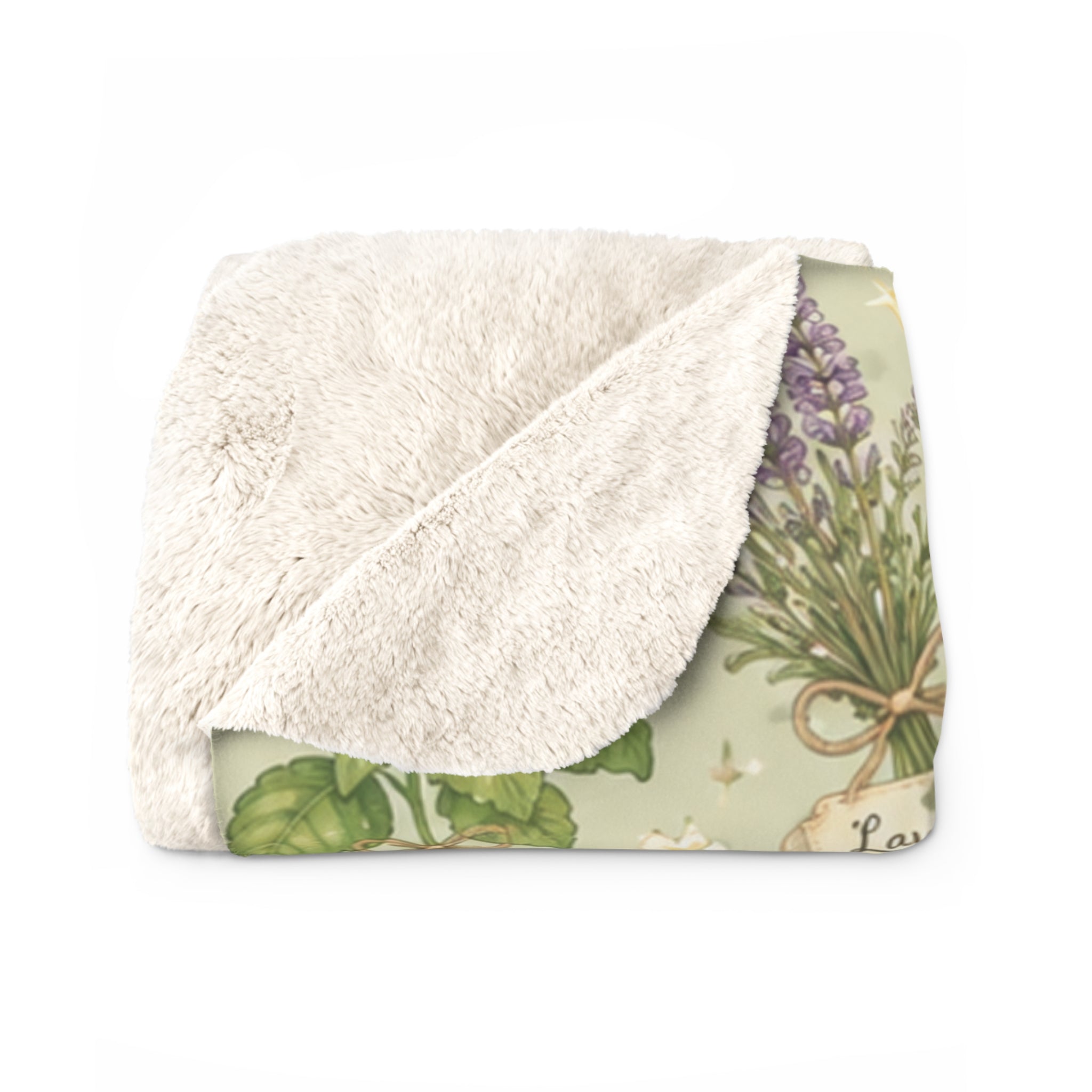 Pastel Herbal Garden Sherpa Blanket — Botanical Labeled Herbs Fleece Throw