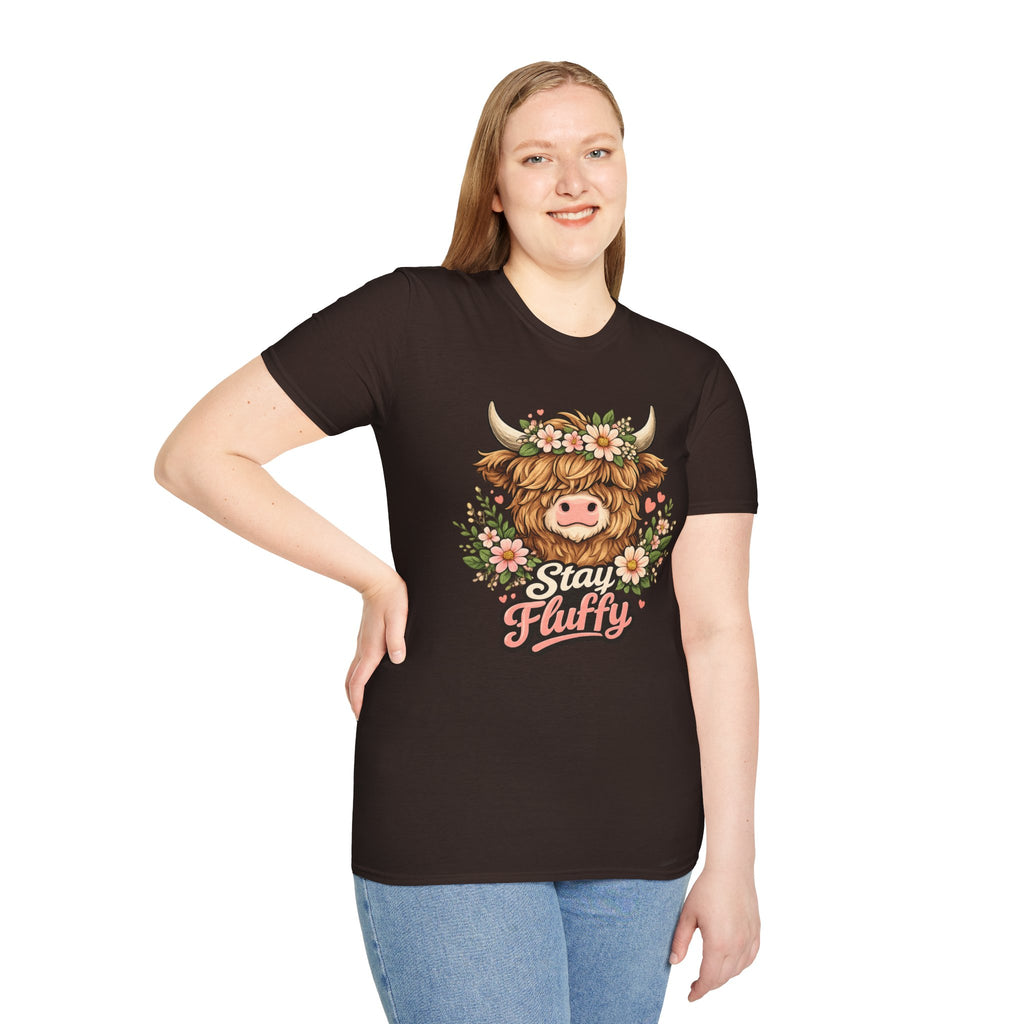 Highland Cow "Stay Fluffy" T-Shirt — Floral Highland Cattle Graphic Tee