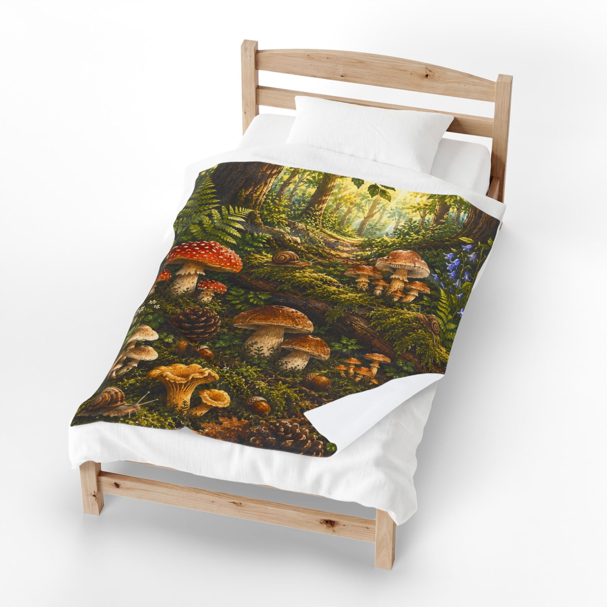 Forest Mushrooms Velveteen Plush Blanket — Cozy Forest Mushroom Scene Throw