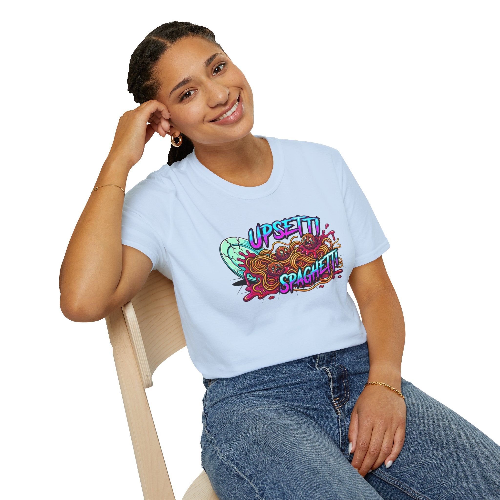 Upsetti Spaghetti T-Shirt — Funny Cartoon Spilled Pasta Graphic Tee