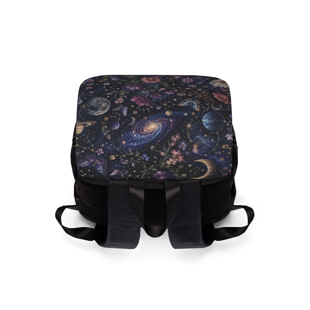 Galactic Floral Shoulder Backpack — Space & Flower Pattern Casual Shoulder Backpack