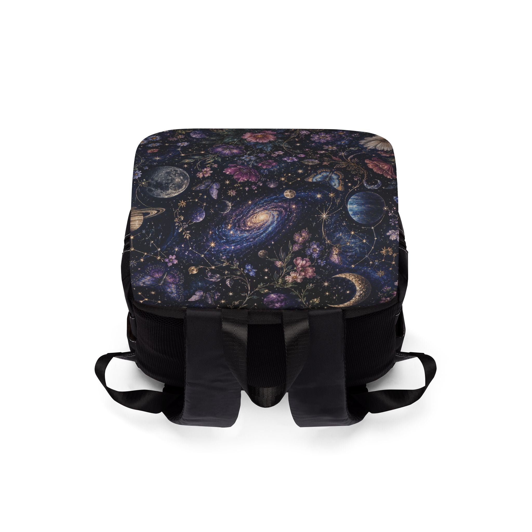 Galactic Floral Shoulder Backpack — Space & Flower Pattern Casual Shoulder Backpack