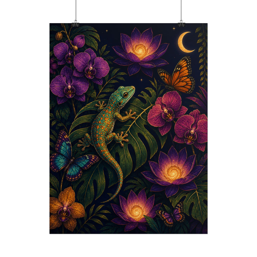 Starry Night Gecko Poster — Botanical Lizard Art Print with Moonlit Orchids & Butterflies