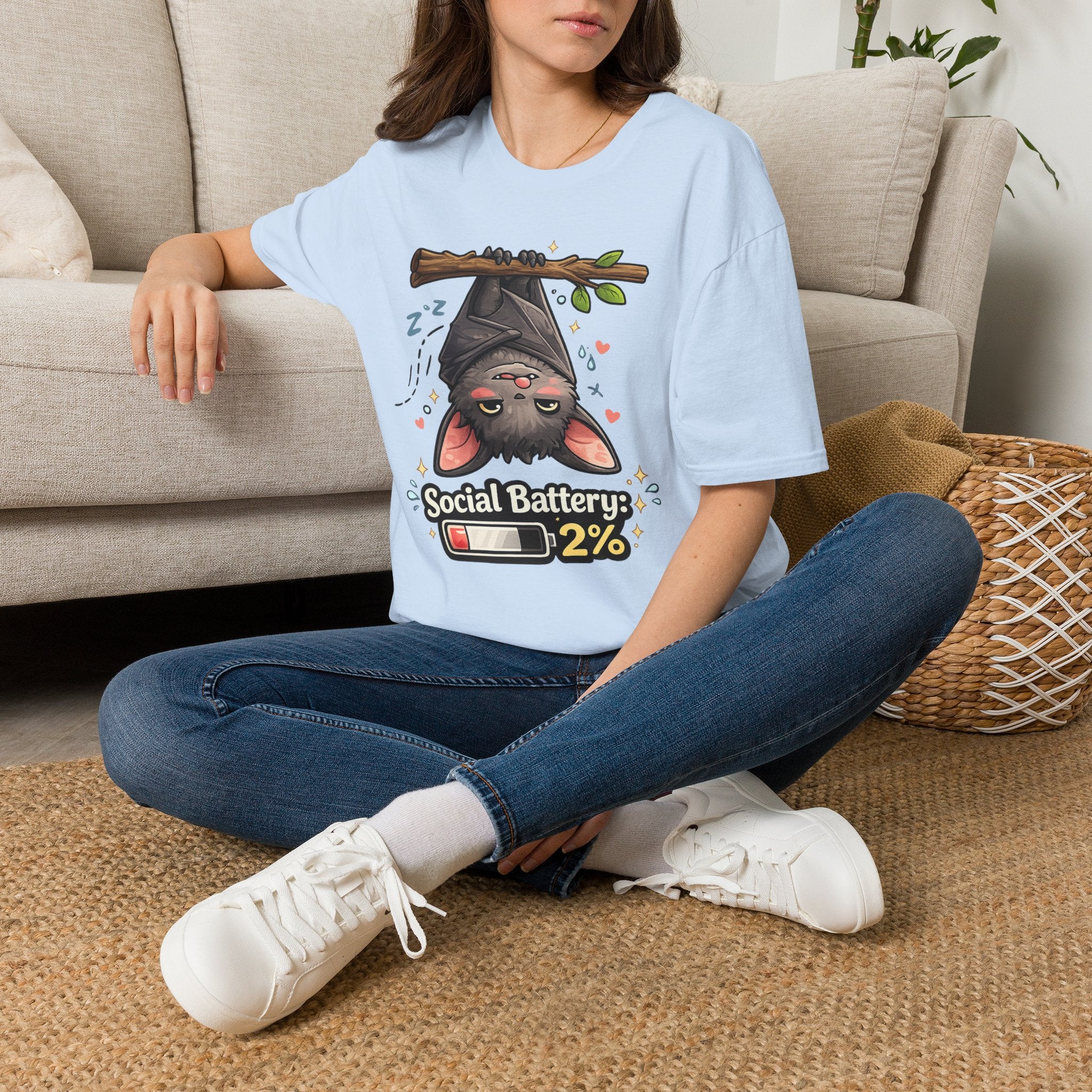 "Social Battery 2%" Cute Sleeping Bat Graphic Tee