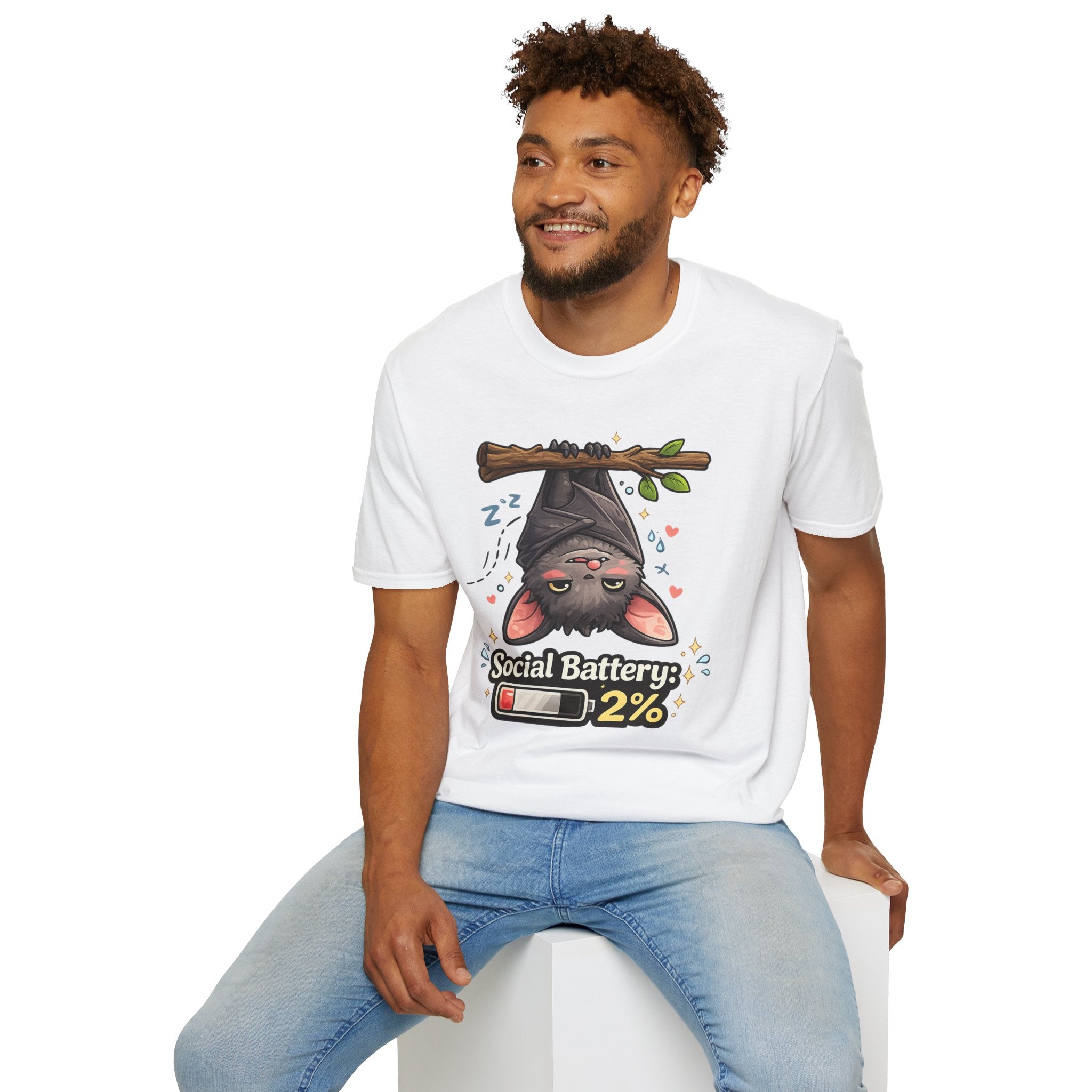 "Social Battery 2%" Cute Sleeping Bat Graphic Tee