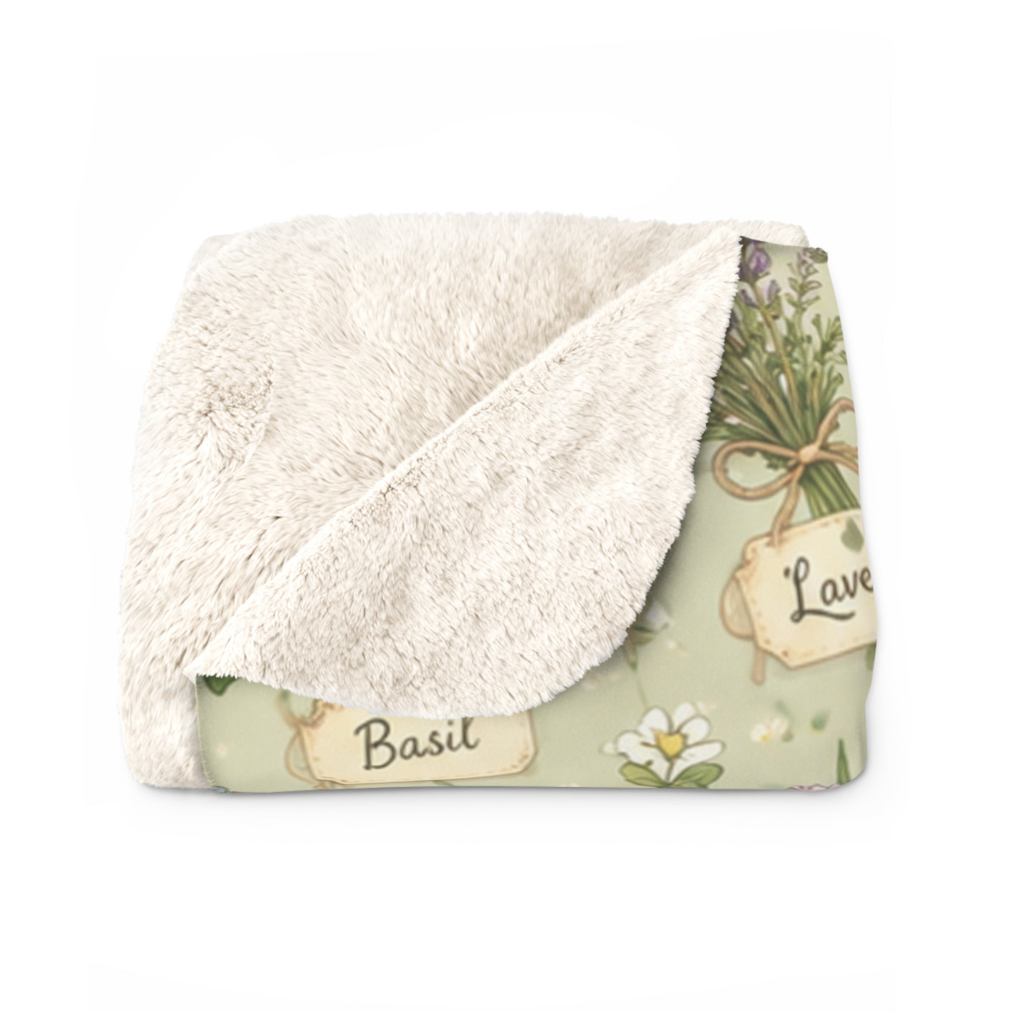 Pastel Herbal Garden Sherpa Blanket — Botanical Labeled Herbs Fleece Throw