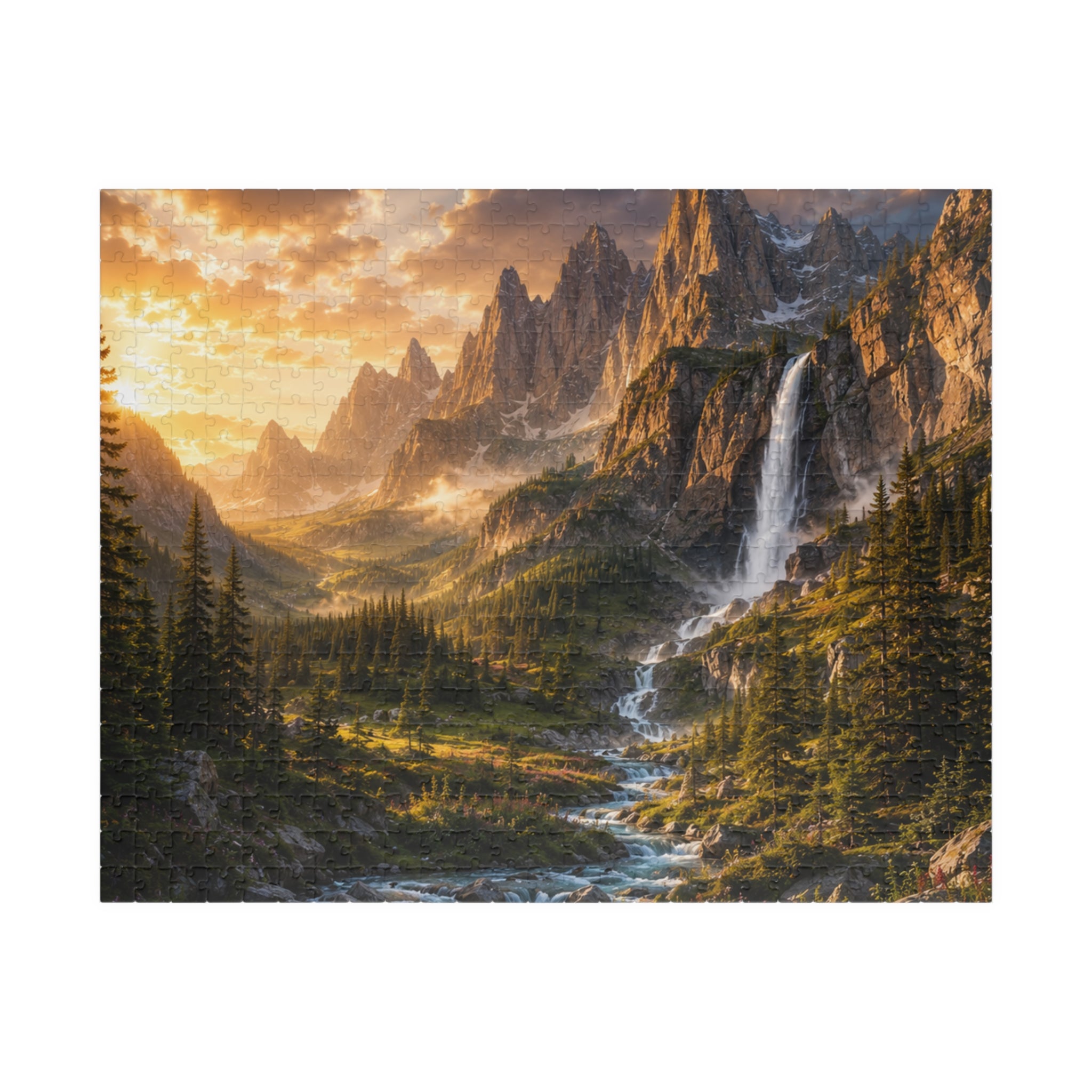 Mountain Valley Waterfall Jigsaw Puzzle — Scenic Nature Landscape Puzzle (110/252/520/1014 pcs)