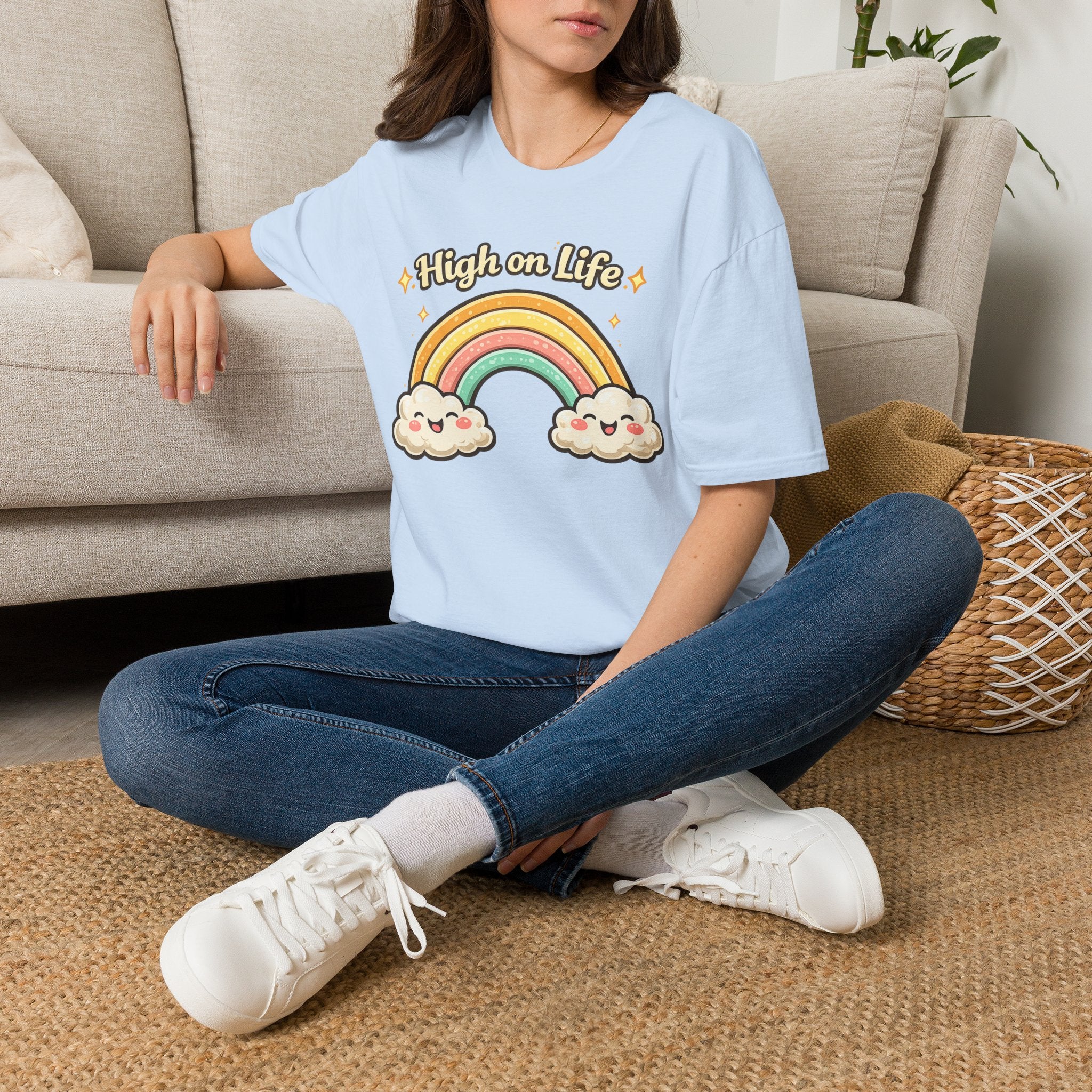 High on Life Cute Rainbow Tee (Retro Pastel Clouds) Gift T-Shirt