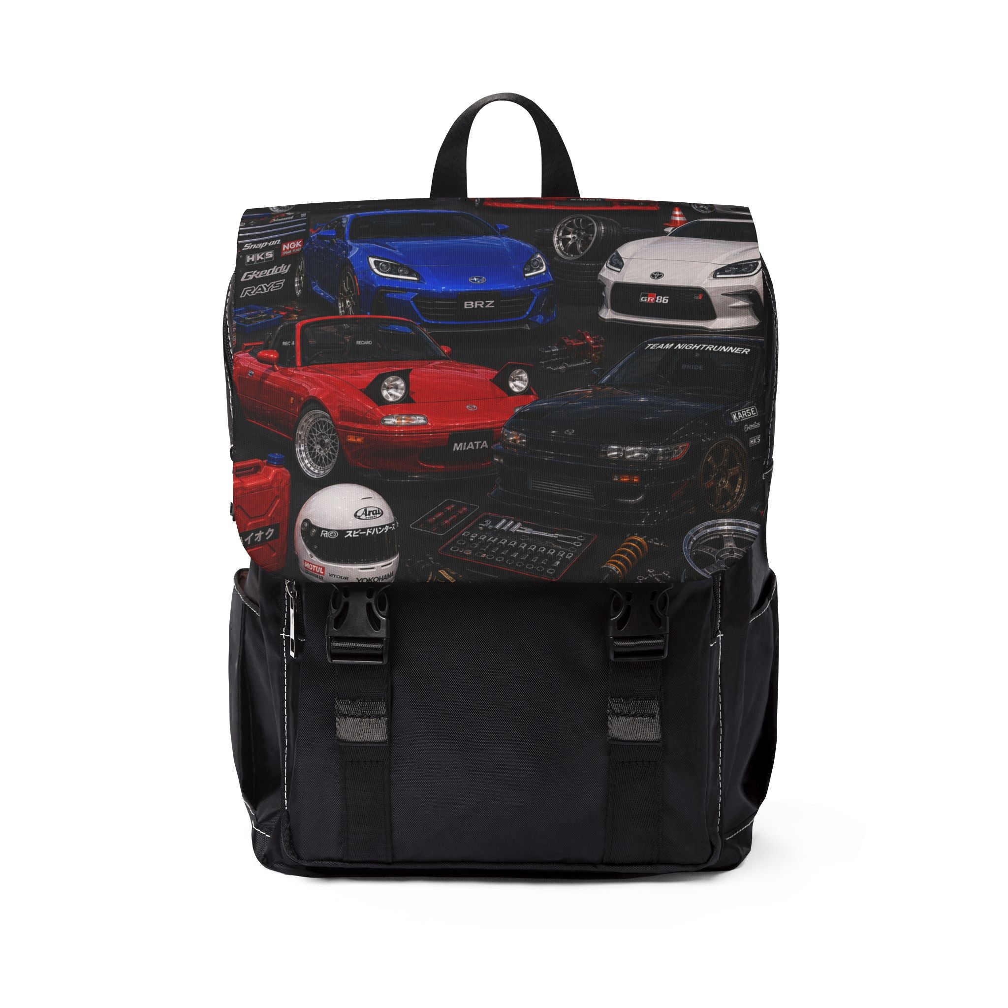 Sports Car Collage Shoulder Backpack — Racing Cars Print Shoulder Bag