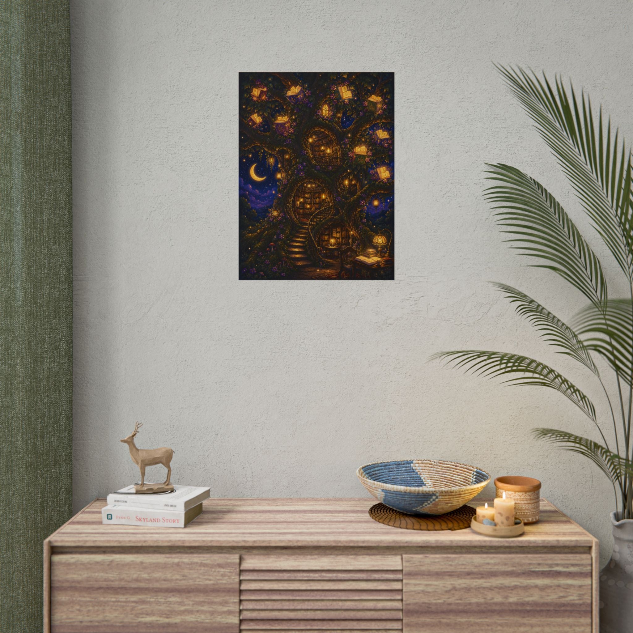 Fantasy Tree Library Poster — Magical Night Book Nook Wall Art